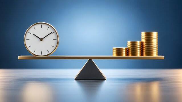 White wall clock balancing with ascending gold coin stacks on golden seesaw representing time value