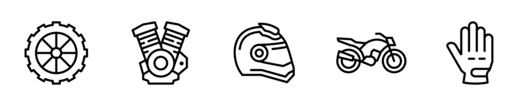 Set de 5 iconos de motocicleta. Rueda, motor de moto, casco, motocicleta y guante. Dise&ntilde;o vectorial lineal