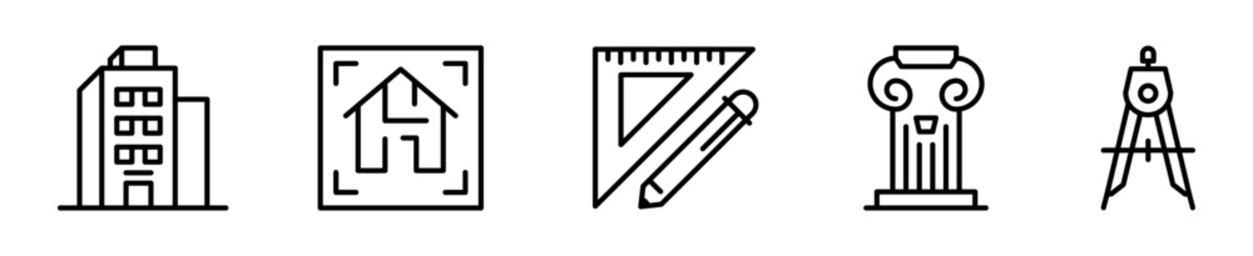 Set de 5 iconos de arquitectura. Edificio moderno, plano arquitect&oacute;nico, escuadra y l&aacute;piz, columna cl&aacute;sica y comp&aacute;s. Dise&ntilde;o vectorial lineal