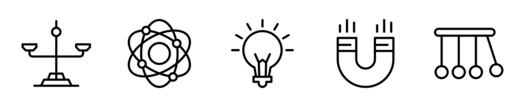 Set de 5 iconos de f&iacute;sica. Balanza, &aacute;tomo con &oacute;rbitas, bombilla, im&aacute;n en u y p&eacute;ndulo. Dise&ntilde;o vectorial lineal