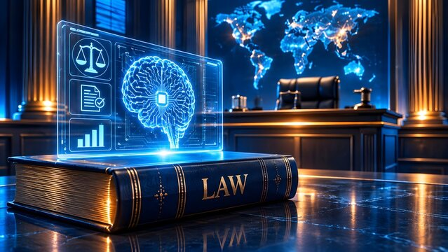 Digital law book with glowing artificial intelligence brain and legal icons representing future cyber legislation