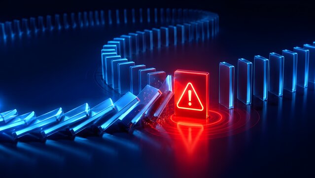 Glowing red warning block stopping falling transparent glass dominoes representing risk management and structural stability
