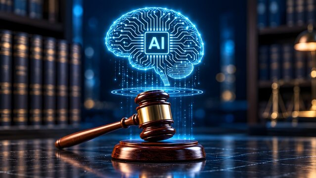 Wooden judge gavel below glowing artificial intelligence circuit brain symbolizing tech regulation and digital law