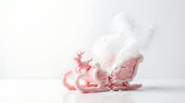 A pink soap bar exploding with white foam on a clean white surface