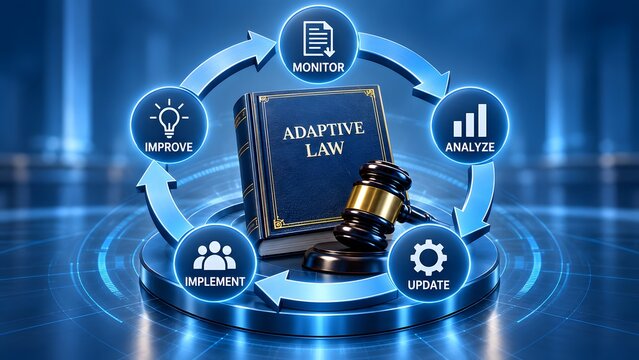 Adaptive law concept with legal book and gavel surrounded by continuous improvement process cycle for compliance and regulation strategy