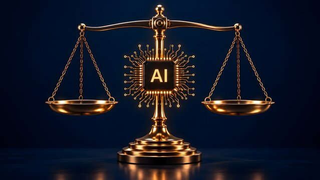 Artificial intelligence ethics and legal compliance concept featuring glowing AI microchip integrated into a golden scale of justice