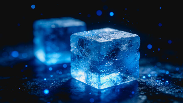 Close-up view of transparent ice cubes with blue bokeh effects