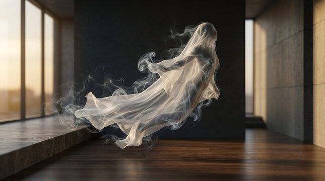 Ghost on Dark Background, Floating Phantom in White Sheet and Smoke at Night, Spooky Halloween Concept