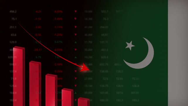 Economic crisis in Pakistan concept background.Red falling graph animation with Pakistani flag.Stock market crash