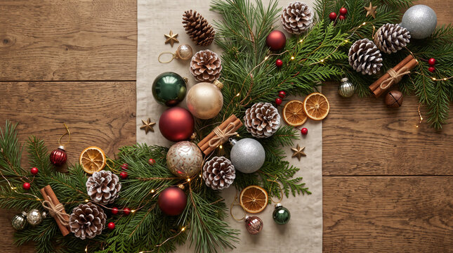 Overhead angle showing pine branches and ornaments on wood with warm string light illumination