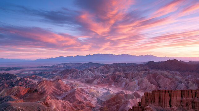 vast mountain range displaying naturally layered red, orange, yellow, green and purple geological formations, dramatic ridges and valleys extending toward the horizon.