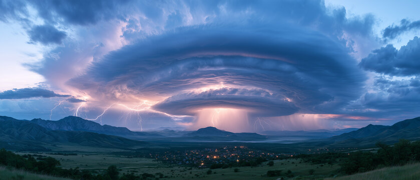epic panoramic landscape beneath an enormous supercell storm, gigantic rotating clouds covering the entire sky, multiple lightning strikes across distant mountains.