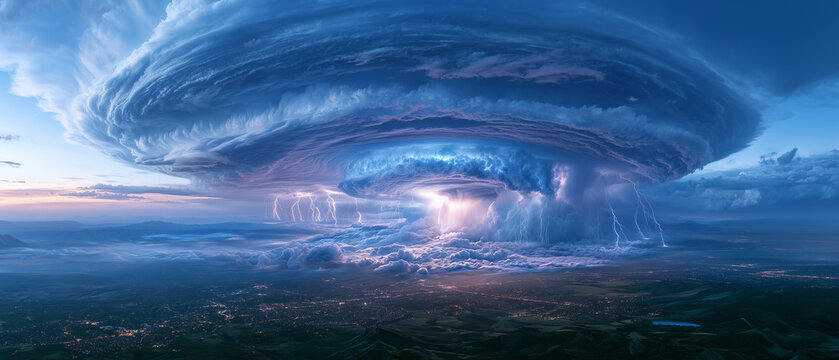 epic panoramic landscape beneath an enormous supercell storm, gigantic rotating clouds covering the entire sky, multiple lightning strikes across distant mountains.