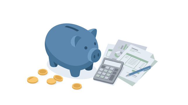 Piggy bank with coins calculator and financial papers on white background Vector