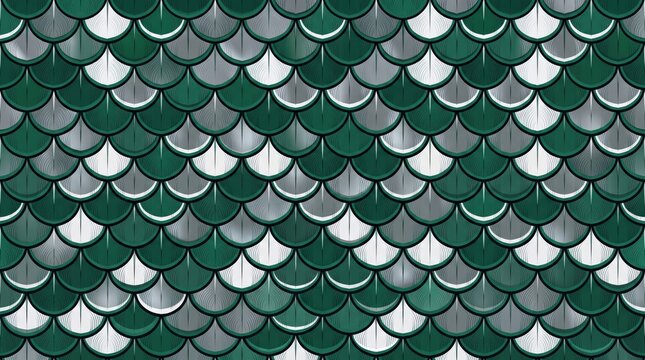 Fish scale pattern with rounded overlapping shapes in emerald green and silver