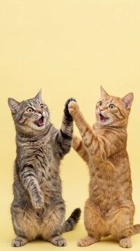 Two playful cats giving high five against plain yellow background photography