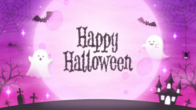 cute pastel halloween night background with ghosts, pink moon, haunted house and bats animation