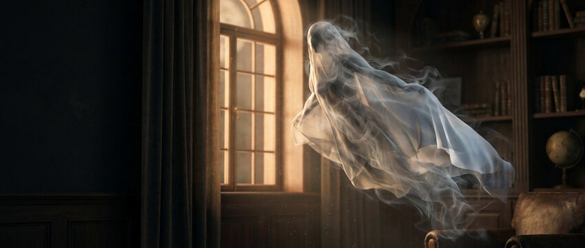 Ghost on Dark Background, Floating Phantom in White Sheet and Smoke at Night, Spooky Halloween Concept