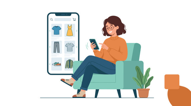 Woman using smartphone for online shopping browsing clothes on a digital screen Vector