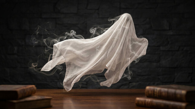 Ghost on Dark Background, Floating Phantom in White Sheet and Smoke at Night, Spooky Halloween Concept