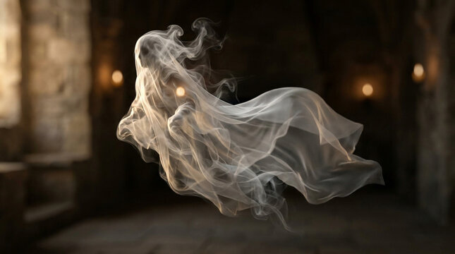Ghost on Dark Background, Floating Phantom in White Sheet and Smoke at Night, Spooky Halloween Concept