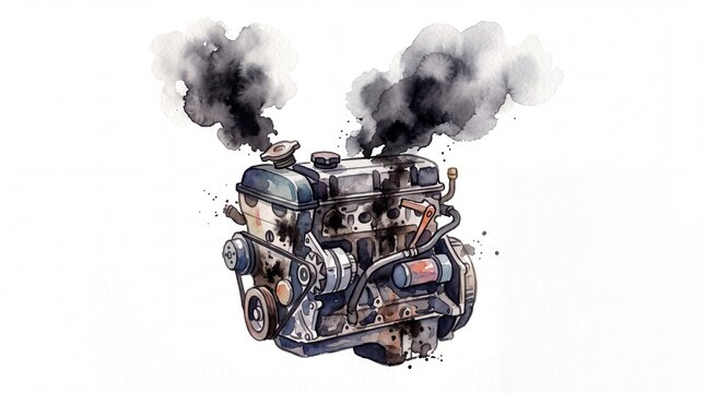 Broken Car Engine Emitting Black Smoke Watercolor