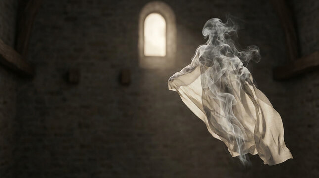 Ghost on Dark Background, Floating Phantom in White Sheet and Smoke at Night, Spooky Halloween Concept