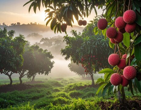 Tropical lychee plantation during a foggy morning sunrise.