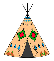 Colorful Thanksgiving teepee illustration with traditional patterns, geometric decorations for a festive children's activity or educational project © Evgenia