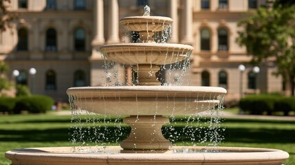 Obraz premium Three tiered stone fountain spraying water on sunny