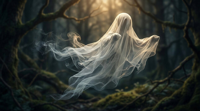 Ghost on Dark Background, Floating Phantom in White Sheet and Smoke at Night, Spooky Halloween Concept