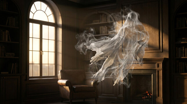 Ghost on Dark Background, Floating Phantom in White Sheet and Smoke at Night, Spooky Halloween Concept
