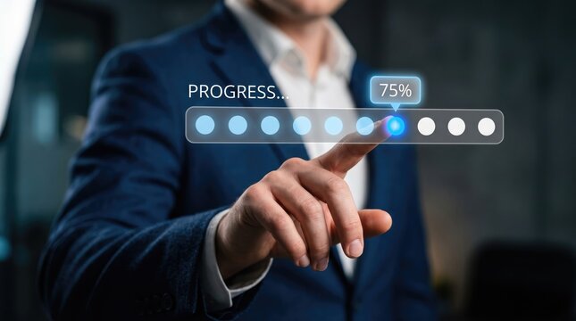 Professional checking digital progress bar at seventy five percent
