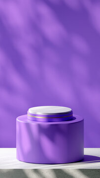 A luxurious podium on Purple with Gold stripe placed on a vertical rounded board over cement base texture with Purple background. Nature gobos light
