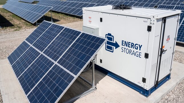 Large industrial battery energy storage system container unit standing next to modern photovoltaic solar panel installation array farm field generating renewable green electricity power