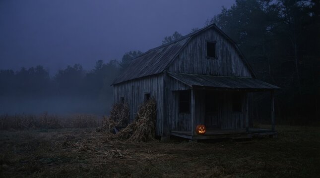 Halloween background with creepy haunted wooden barn in misty field at night haunted house dark landscape halloween background
