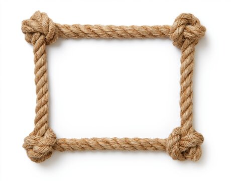 Rustic rope frame with knots on white background