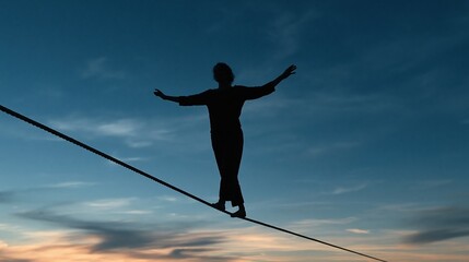 Fototapeta premium Silhouette of person balancing on tightrope against twilight