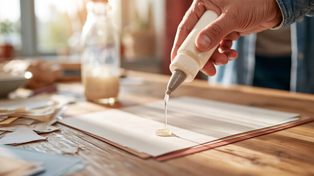 Hand Applying Glue To Paper Craft Project On Table
