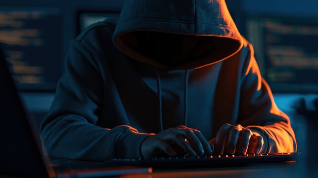 Anonymous hooded figure typing on laptop in dark