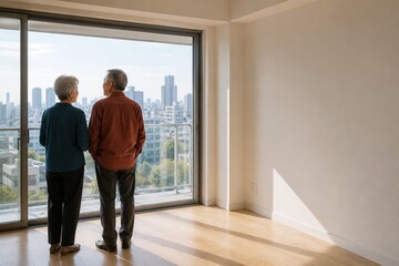 Obraz premium Senior Couple Takes In Beautiful Cityscape From Their Stylish Apartment Window