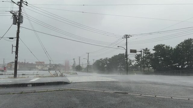 Heavy Rain And Strong Wind Sweep Across Street In Hurricane