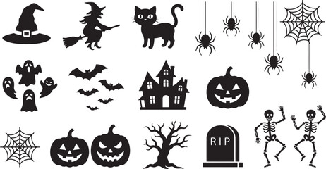 Fototapeta premium Halloween Icons Set with Pumpkin, Bat, Witch, Cat, Ghost, Spider and Hat in Cartoon Vector Style for Spooky October Holiday Celebration