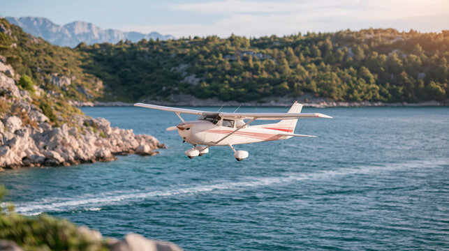 Floatplane Flying Low Over Scenic Mountain Lake
