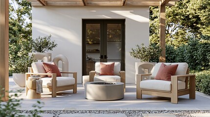 Obraz premium Modern wooden patio furniture with fire pit on