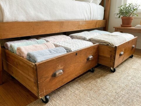 upcycled household storage Wooden underbed storage drawers on wheels with folded blankets inside.