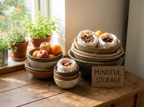 upcycled household storage Wooden bowls with fruits and nuts beside plants labeled mindful storage