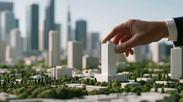 Hand placing miniature skyscraper on urban model landscape