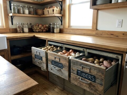 upcycled household storage Rustic kitchen storage with labeled wooden drawers for onions, shallots, tubers.