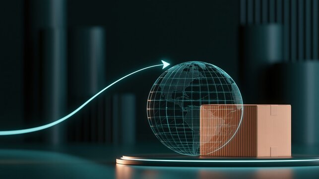 Digital globe and cardboard box symbolizing global logistics